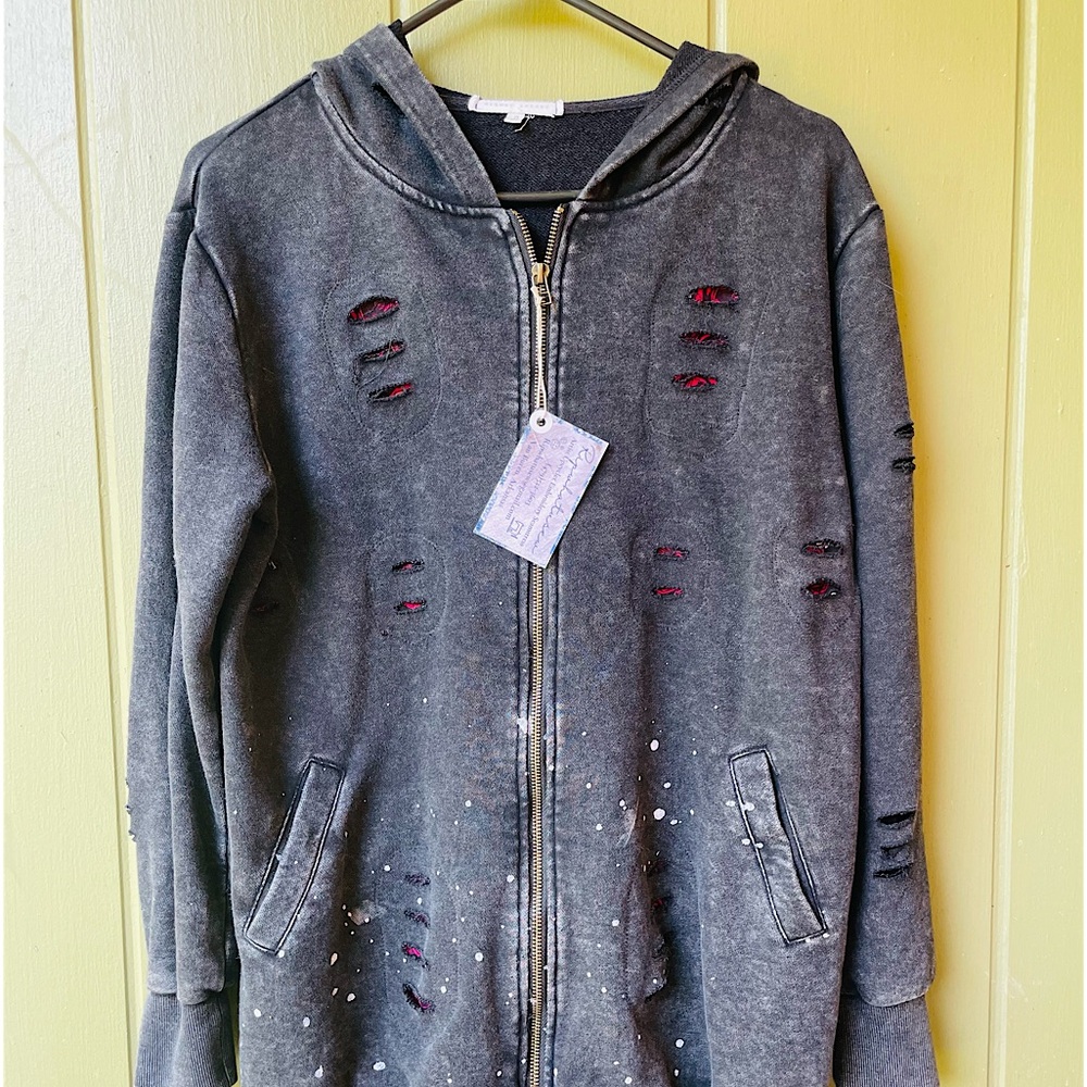 Black upcycled jersey jacket bling Rawyalty Handmade one of a kind patchwork S